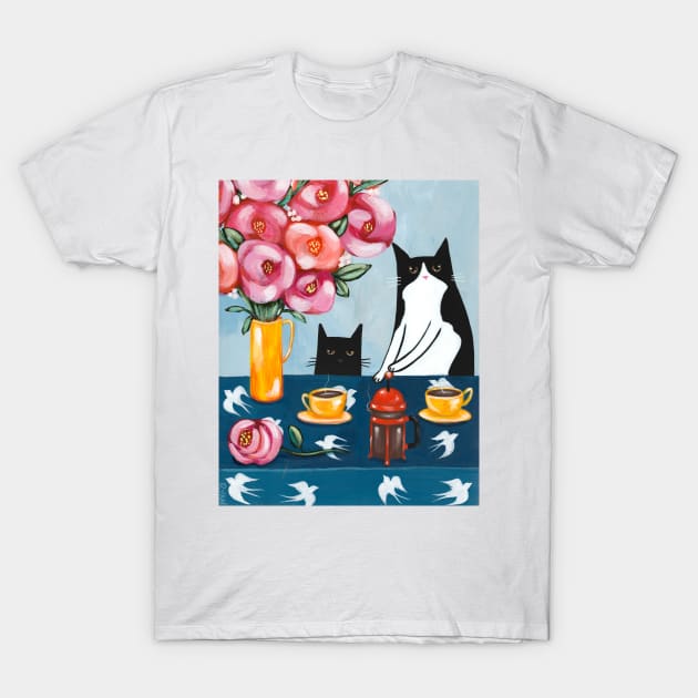 French Press Coffee Cats T-Shirt by KilkennyCat Art